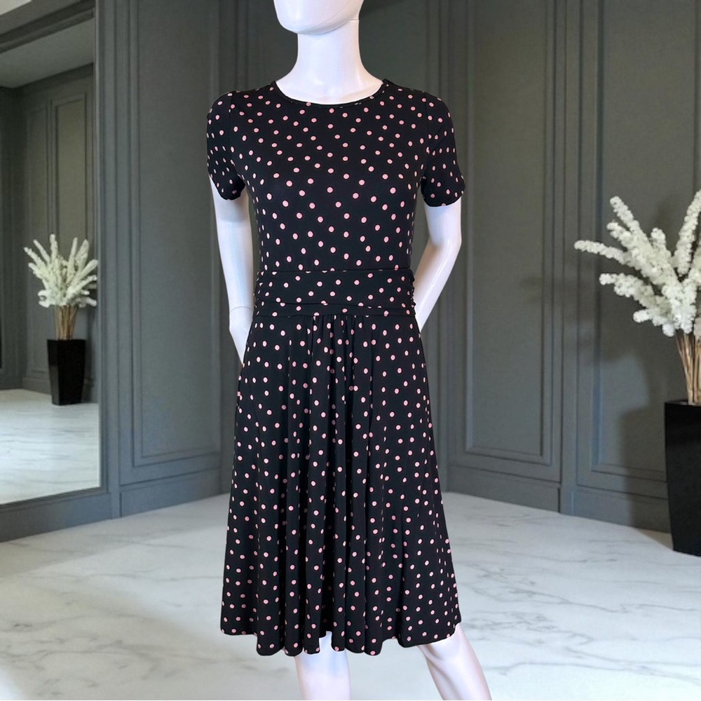 By Design Women's Black Dress XS - Pink Polka Dots Short Sleeve Fit & Flare NWT!